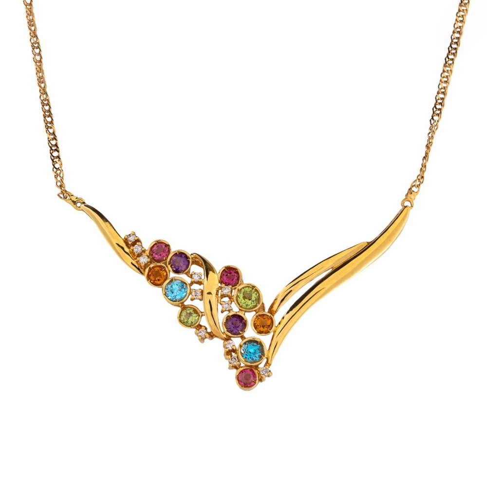 GWLAB Certified 1.80ct Natural Mixed Gems & 0.14ct Diamond Necklace - 18K Gold